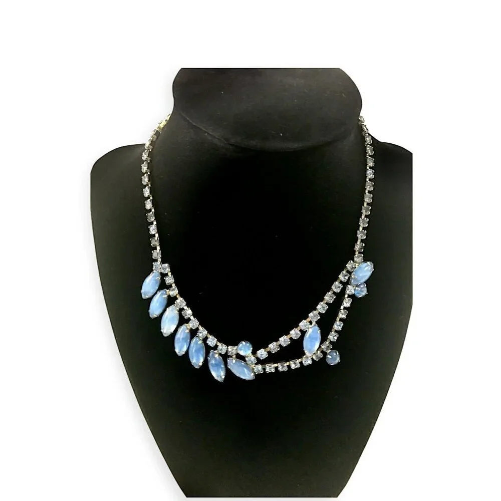 1950s Vintage Blue Moonglow Glass & Rhinestone Necklace